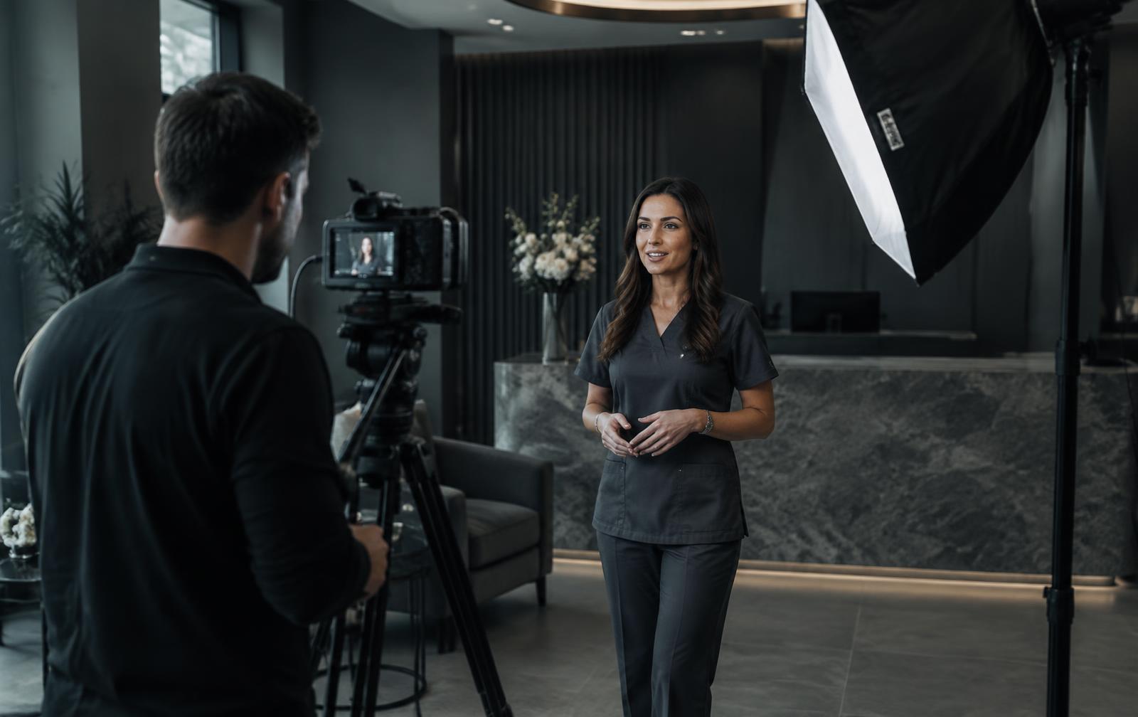 Illustrative: a videographer filming a practitioner in a clinic reception during a content day