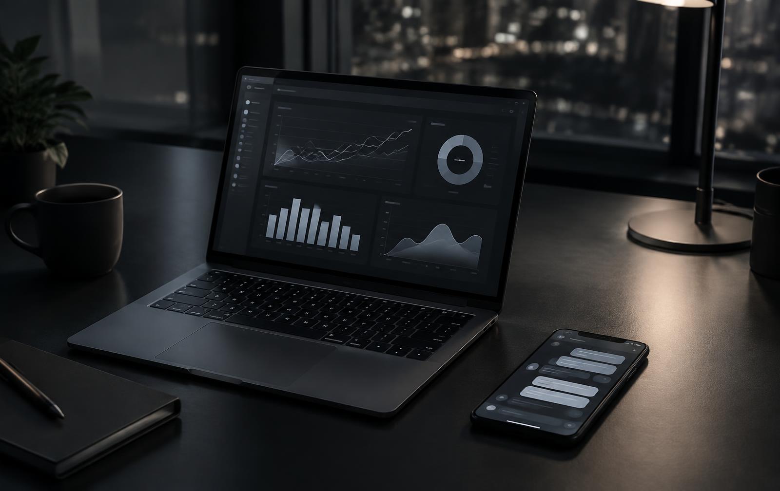 Illustrative: a marketing dashboard on a laptop next to a phone showing a chat conversation